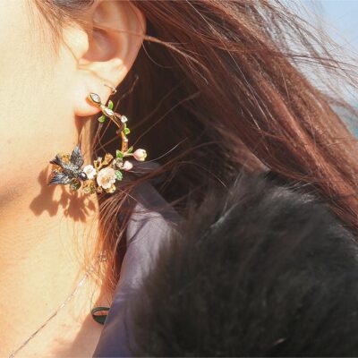 Branch Magpie Pearl Shell Enamel 3D Earrings