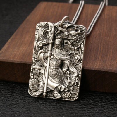Sterling Silver Guan Gong Embossed Pendant Necklace