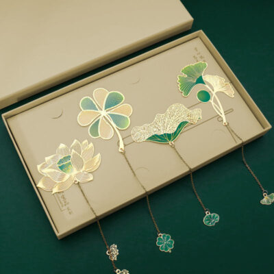 Chinoiserie Brass Enamel Round Fan Bookmark Set