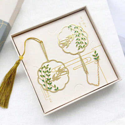 Chinoiserie Brass Enamel Swallow Fan Bookmark Set
