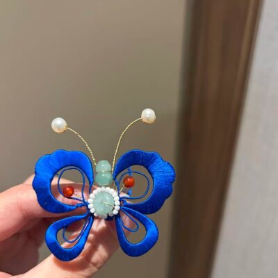 Silk Thread Blue Butterfly Freshwater Pearl Hairpin
