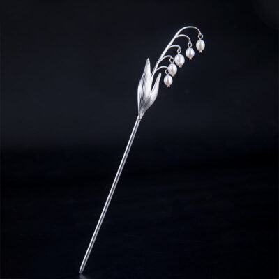 Sterling Silver Bell Orchid 5 Pearl Hairpin