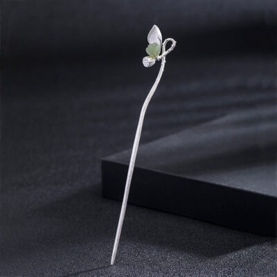 Sterling Silver 2 Hetian Jade Lotus Hairpin