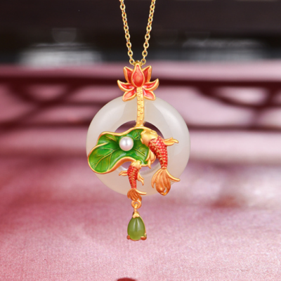 Sterling Silver 2 Koi Pearl Jade Enamel Necklace