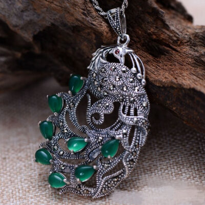 Sterling Silver Peacock Jade Chalcedony Necklace