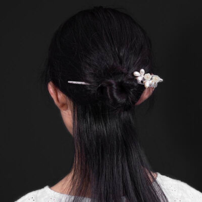 Sterling Silver 2 Jade Plum 4 Pearl Hairpin