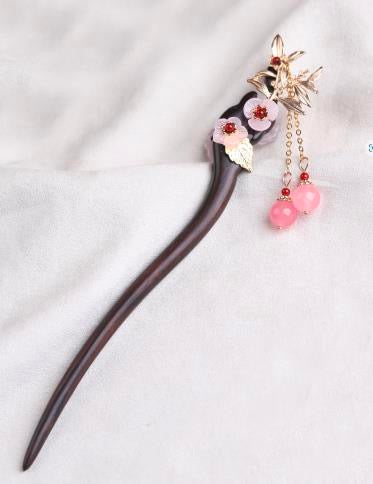2PinkFlowerBranches2PinkBeadsTasselHairpin.jpg