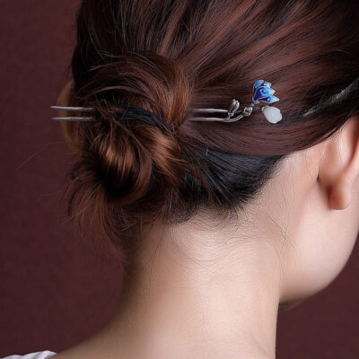 Silver Inlaid Natural Hetian Jade Orchid Hairpin