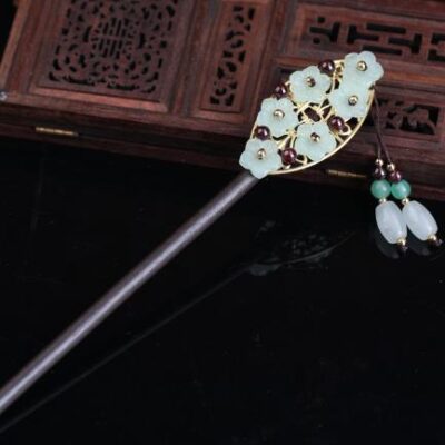 Wood 6 Glass Flower 2 Stone Bead Hairpin