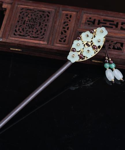 6GlassFlowers2ColoredStoneBarrelBeadsTasselHairpin-Wood.jpg