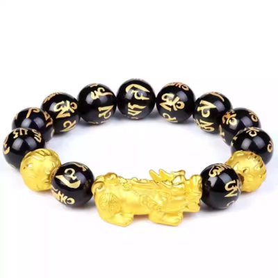 3D Gold Pixiu Black Obsidian Bracelet