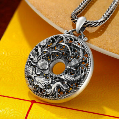 Sterling Silver Hollow Carp Lotus Pendant