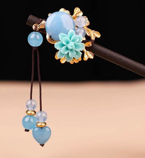 FlowerSapphireBranch7BeadsTasselHairpin-Wood.jpg