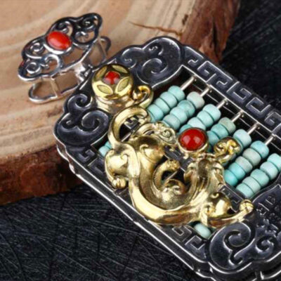 Sterling Silver Golden Pixiu Blue Abacus Pendant