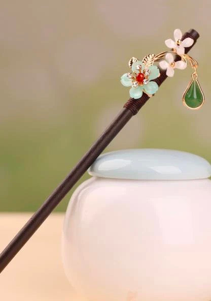 GreenFlower2WhiteFlowerRedAgateJasperTasselHairpin-Wood.jpg
