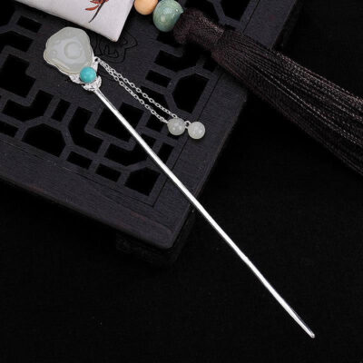 Sterling Silver Hetian Jade Green Bead Hairpin
