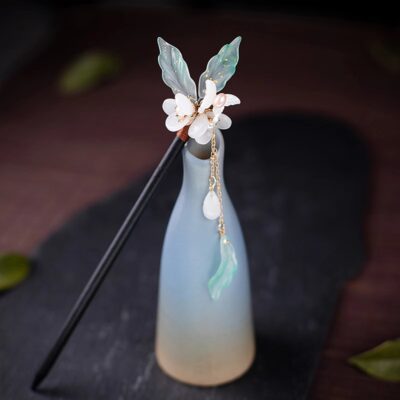 Chinese Pearl Floral Tassel Wooden Hair Stick - Antique Hanfu Hairpin with Step Shake Design