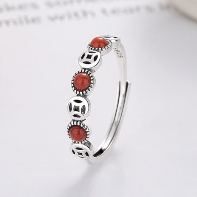 925 Silver Lucky Coin Red Agate Ring