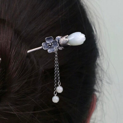 Sterling Silver Magnolia Hetian Jade Hairpin