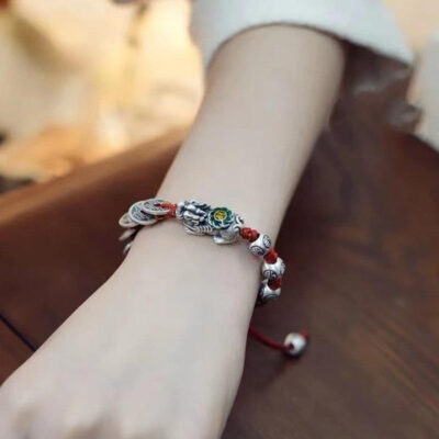 Sterling Silver 5 Emperor Coin Red Rope Bracelet
