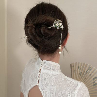 Fan Shaped Orchid Pearl Tassel Hairpin