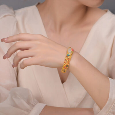 Enamel Lotus Cloud Hetian Jade Filigree Bracelet