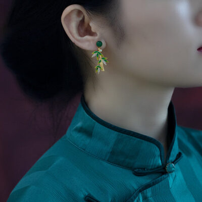 Gold Plated Copper Bamboo Jasper Enamel Earrings