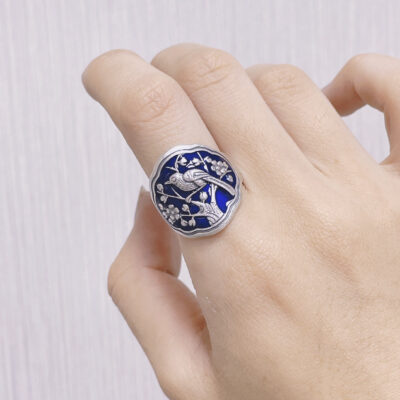 Sterling Silver Burnt Blue Bird & Flower Ring