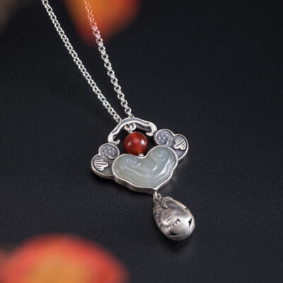 Sterling Silver Jade Red Agate Peony Pendant