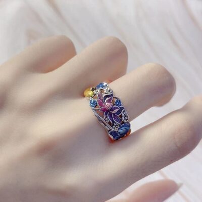 Vintage Koi Lotus Colored Oil Open Ring