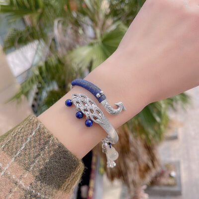 Chinoiserie Peacock White Jade Gourd Bracelet