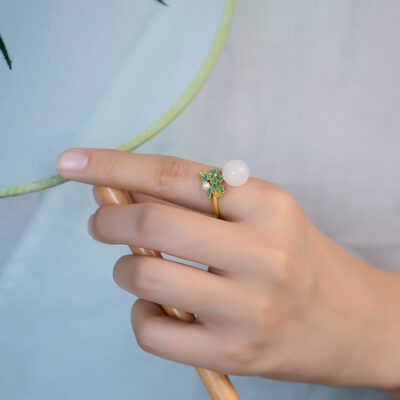 Sterling Silver Jade Pearl Enamel Open Ring