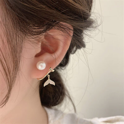 Full Diamond Fishtail Hanging Pearl Earrings