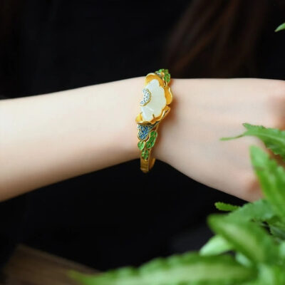 Sterling Silver Hetian Jade Lotus Enamel Bracelet