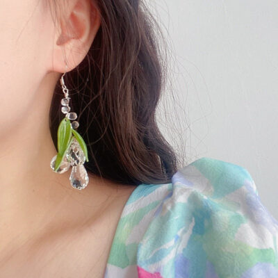 Chinoiserie Bamboo Leaf Water Drop Beaded Earrings