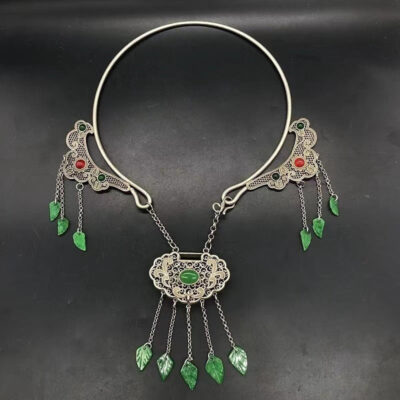 Miao Silver Carved Gem Long Life Lock Collar