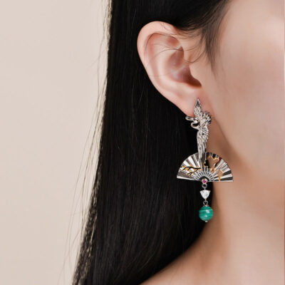 Antique Crane Fan Personalized Long Earrings