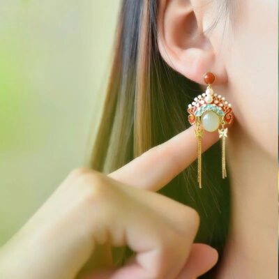 Sterling Silver Jade Opera Mask Pearl Tassel Earrings