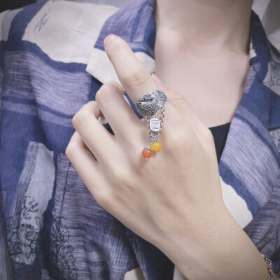 Sterling Silver Lotus Fish Tassel Blessing Ring