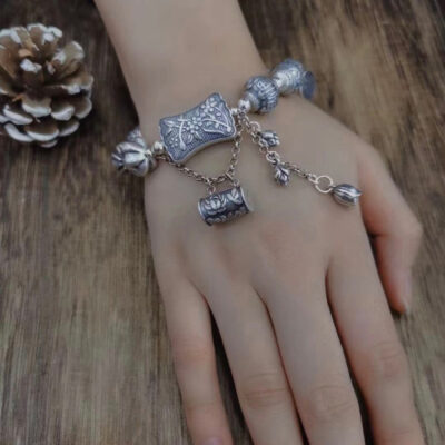Sterling Silver Ruyi Lock Beaded Tassel Bracelet
