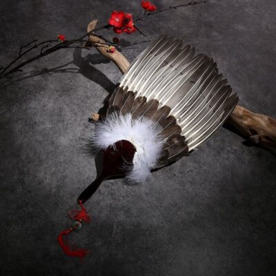 3 Layer Goose Feather Fan w/ Bagua Jade Pendant