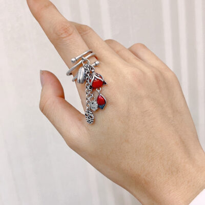 Sterling Silver South Red Agate Fox Tassel Ring