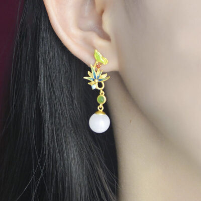 Sterling Silver Enamel Lotus Jade Asymmetric Earrings