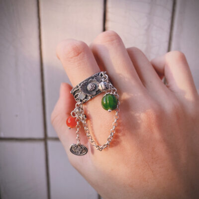 Sterling Silver Peony Jasper Tassel Vintage Ring