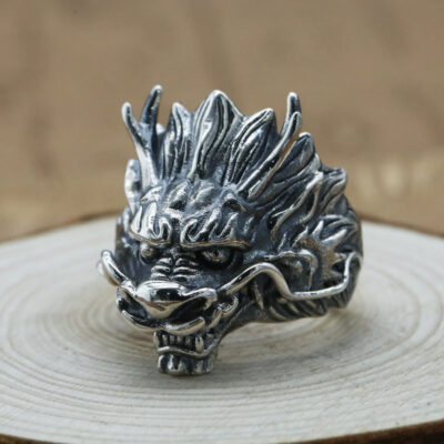 Sterling Silver Chinese Dragon Head Open Ring