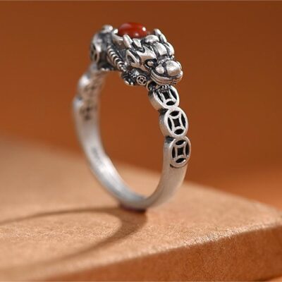 Sterling Silver Pixiu Ruby Coin Open Ring