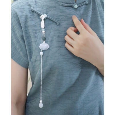 Ruyi Qinglian White Jade Bead Tassel Brooch