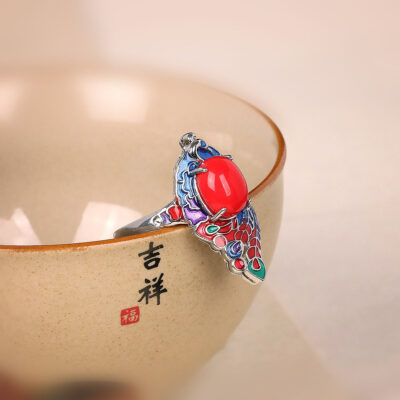 Chinoiserie Cloisonne Phoenix Faux Red Agate Ring