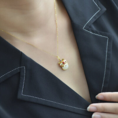 Chinoiserie Enamel Lion Awakening Jade Necklace