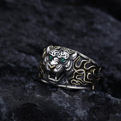 Sterling Silver Retro Tiger Men's Open Ring
